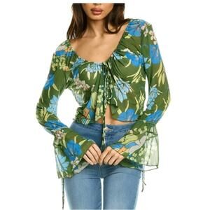 Free People Olive Green Bell Sleeve Floral Print Semi Sheer Blouse NWT Small